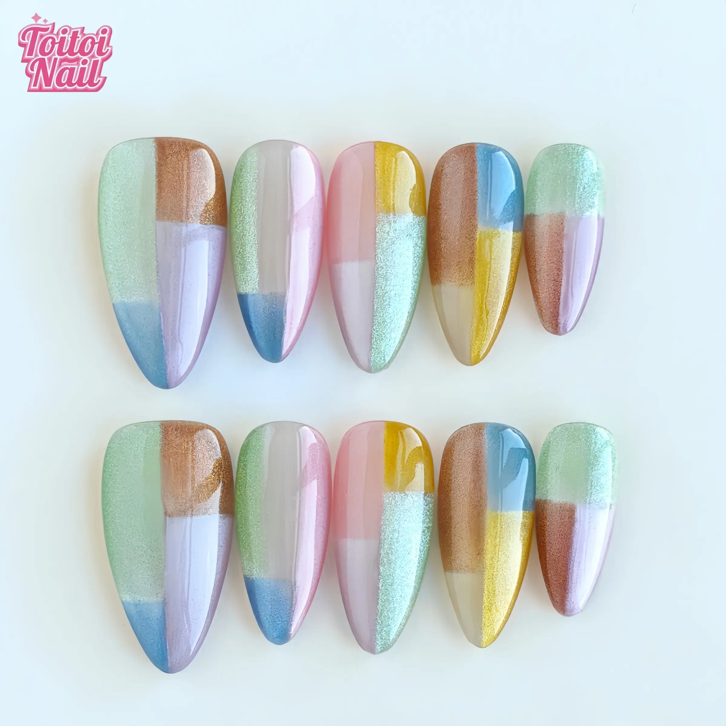Pastel Patch Handmade Press-On Nails, Medium Almond Shape, 10pcs, Cute Dopamine Pastel Patch Design, Multi-Color Glitter & Color Block Accents, Reusable DIY Nail Kit for Women, Trendy Nails for Spring, Summer, Nail Accessories, Nail Art, Nail Art Supplies