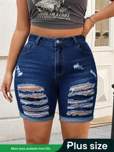 【Plus Size】 Ripped Button Fly Dark Wash Denim Shorts, Casual Street Fashion Pocket Design Denim Shorts for Daily Outdoor Wear, Women Plus Clothing for Summer
