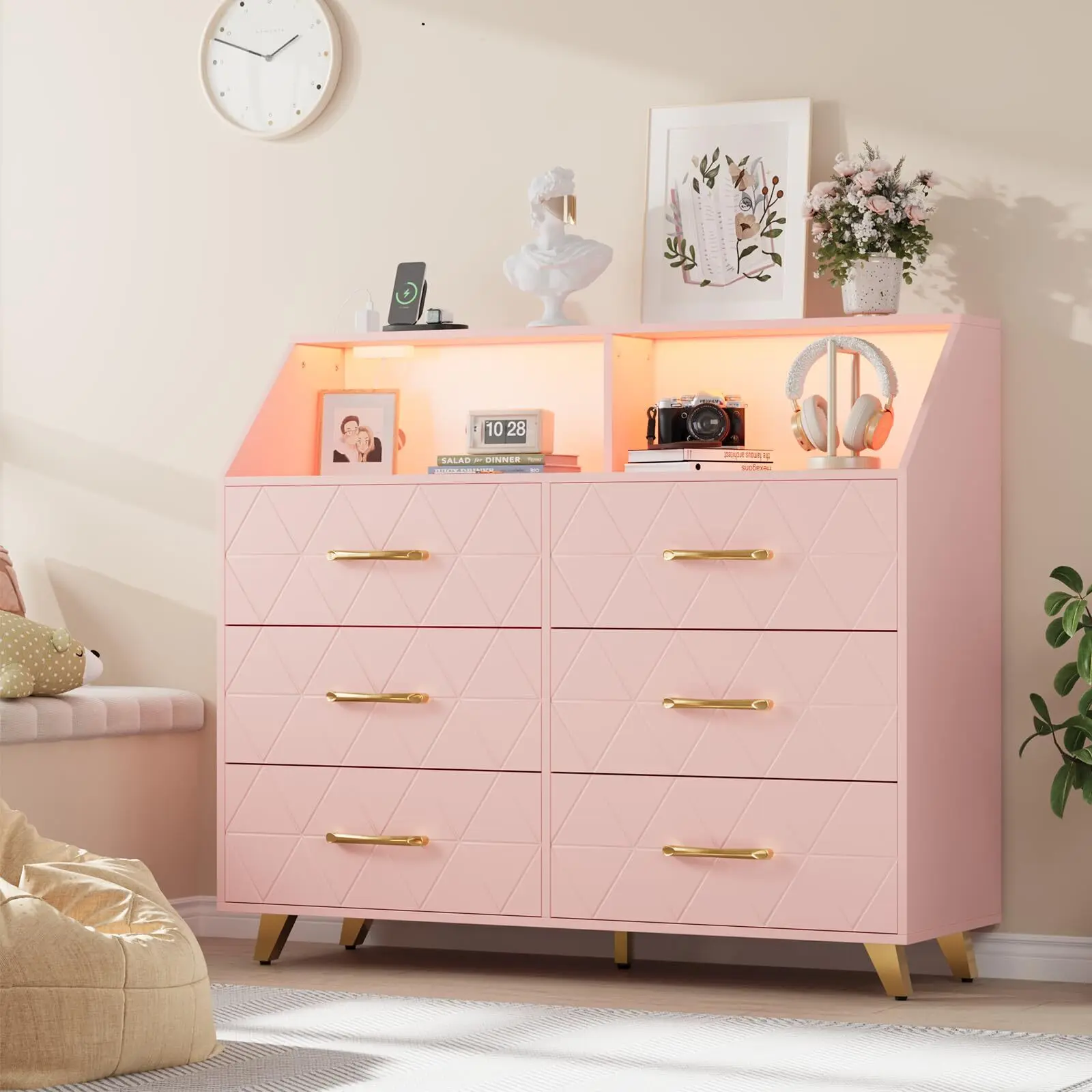 GARVEE 6-Drawer Modern Bedroom Dresser with Charging Station, LED Lights, Freestanding Indoor Furniture for Living Room, Pink