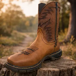 ZIPPER MIEL Men's Brown Leather Western Boots with Embossed Design and Zipper Closure for Comfort and Style