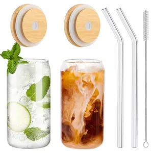 Drinking Glasses With Lids And Glass Straw 2pcs Set  16oz Cups Straws Beer Iced Coffee Soda Gift 1 Cleaning Brushes