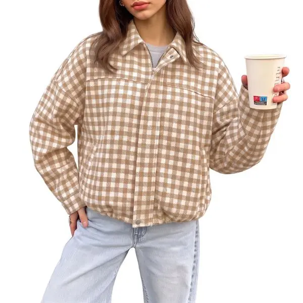 Fisoew Women's Mini Gingham Check Collared Bomber Jacket, Full Zip Snap Button Oversized Cropped Long Sleeve Plaid Shacket Outerwear With Side Pockets