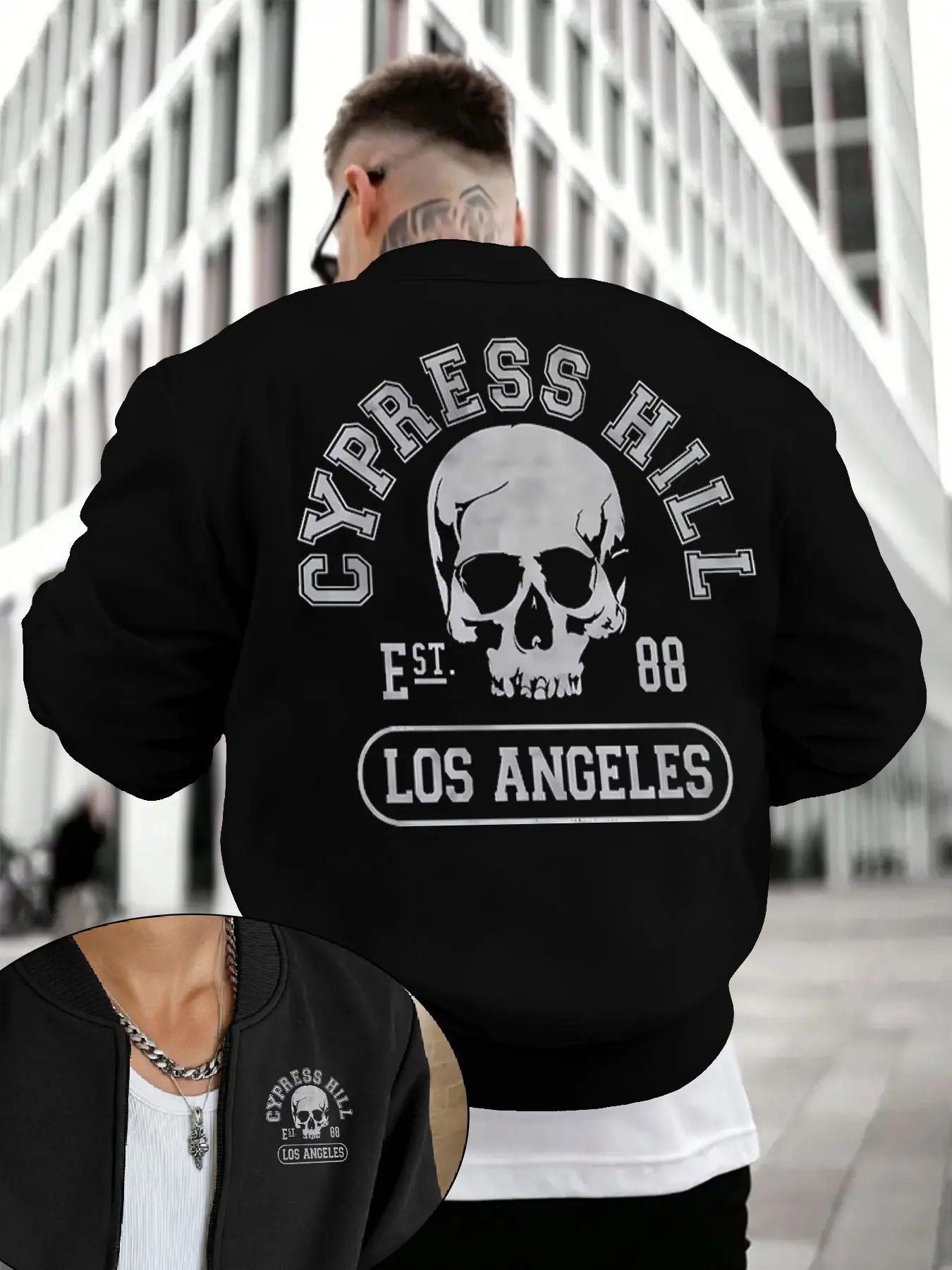 Men's Spring & Fall Vintage American Skull Theme Baseball Jacket, Fitted Design with Baseball Collar and Zipper for Street Style, Perfect for Casual Outings and Hip-Hop Events