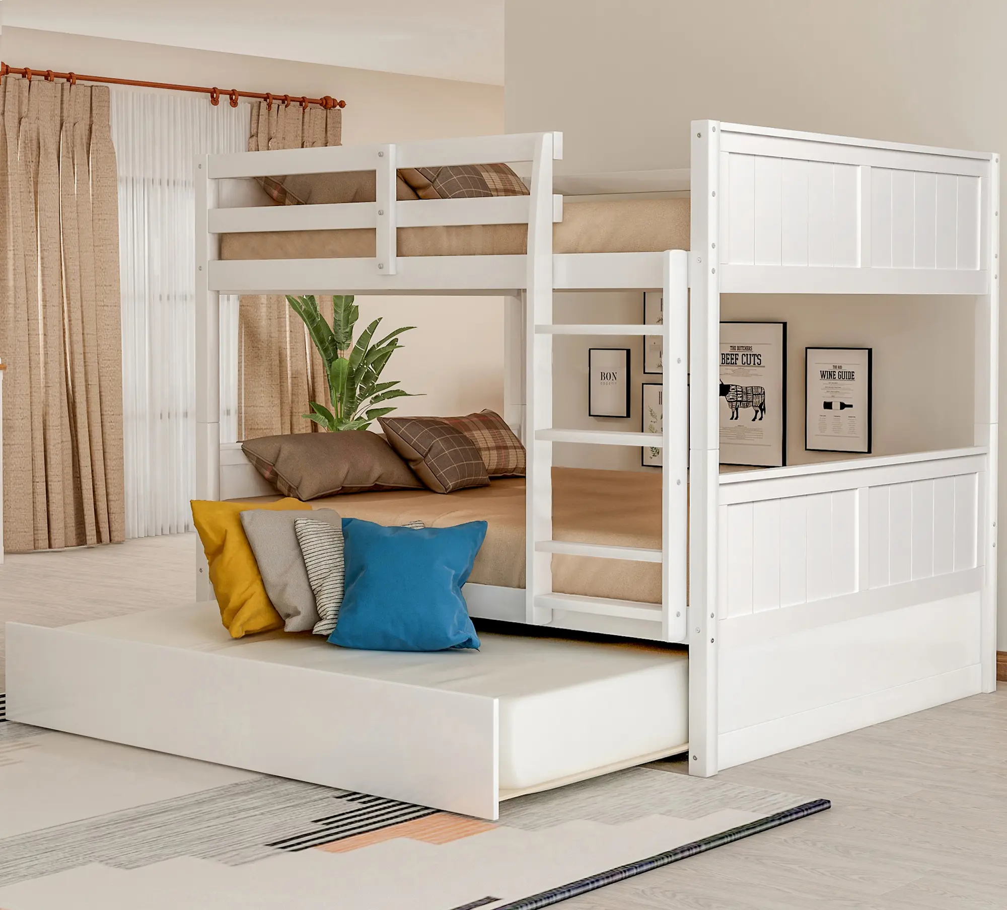Full Size Bunk Bed with Trundle, Convertible Full Over Full Bunk Bed Splits into Two Separate Beds, Solid Wood Frame with Removable Casters, Safety Guardrails, No Box Spring Required, Versatile Bedroom Furniture for Family, Guest Room