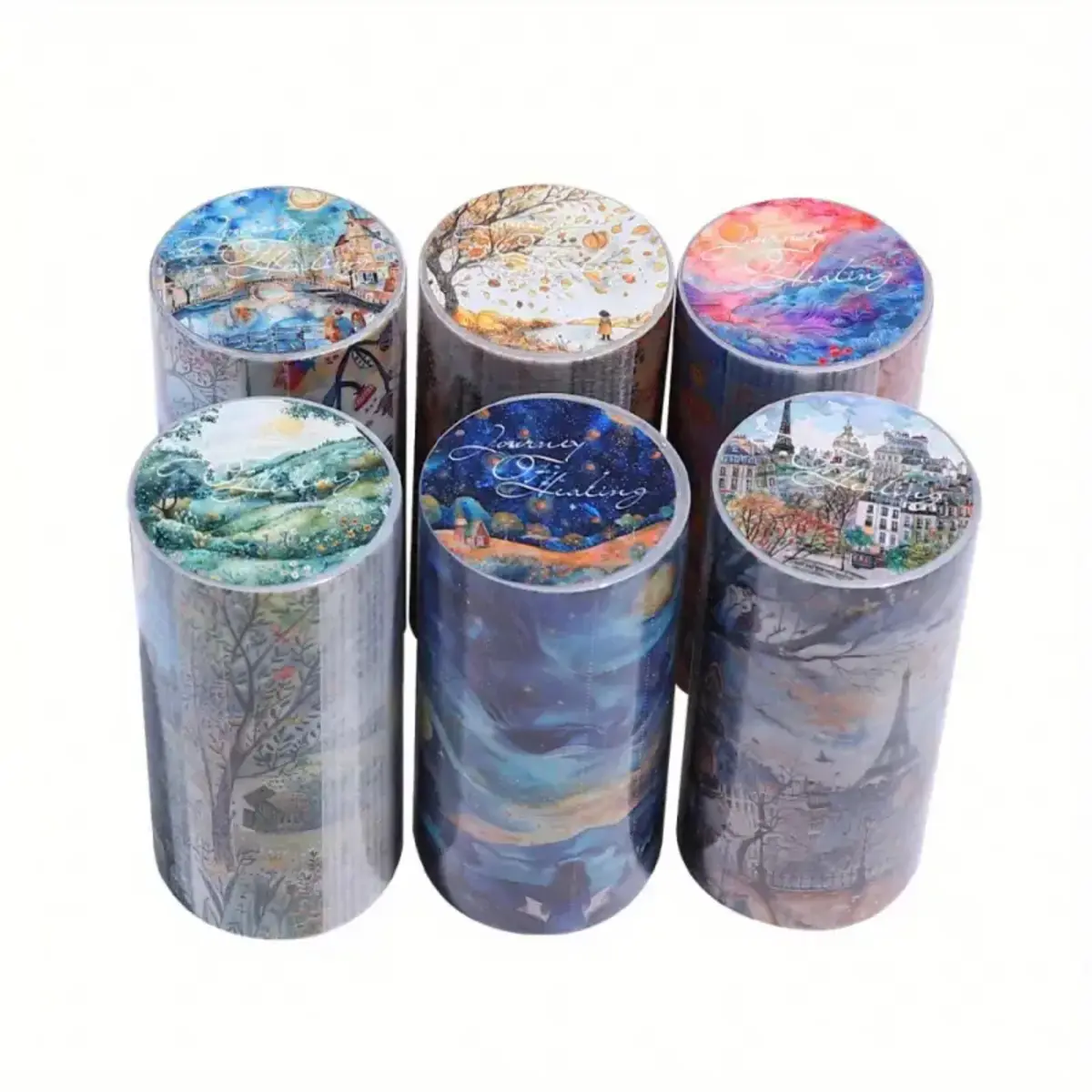 Retro Self-Adhesive Washi Tape Paper - 6 Large Landscaping Decorative Stickers Tape with Sunset, Starry Sky, Town, Character, Pastoral, Oasis Themes for DIY Scrapbook Materials & Office Stationery Decoration