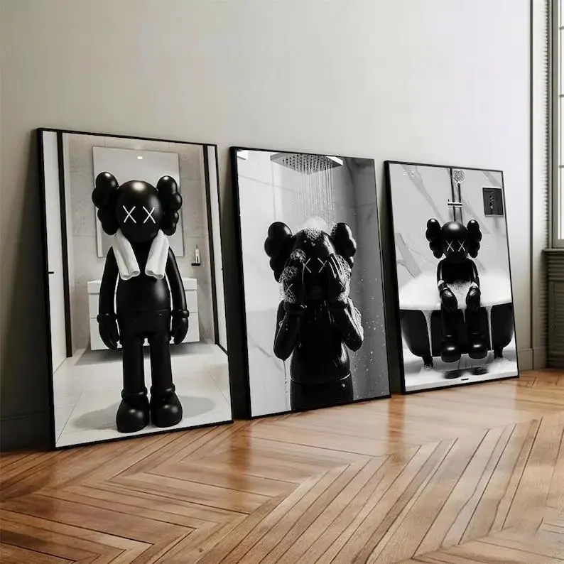 Set Of 3 Black Kaws in Shower Bathroom Hypebeast Prints Poster Wall Art HD Print Unframed Aesthetic Room Home House Modern Wall Decor Trendy Gift.