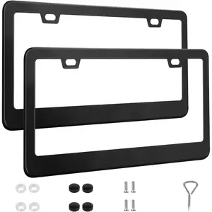 2 Pack License Plate Frames, Stainless Steel  License Plate Cover  Accessories with Screw Caps (Black)