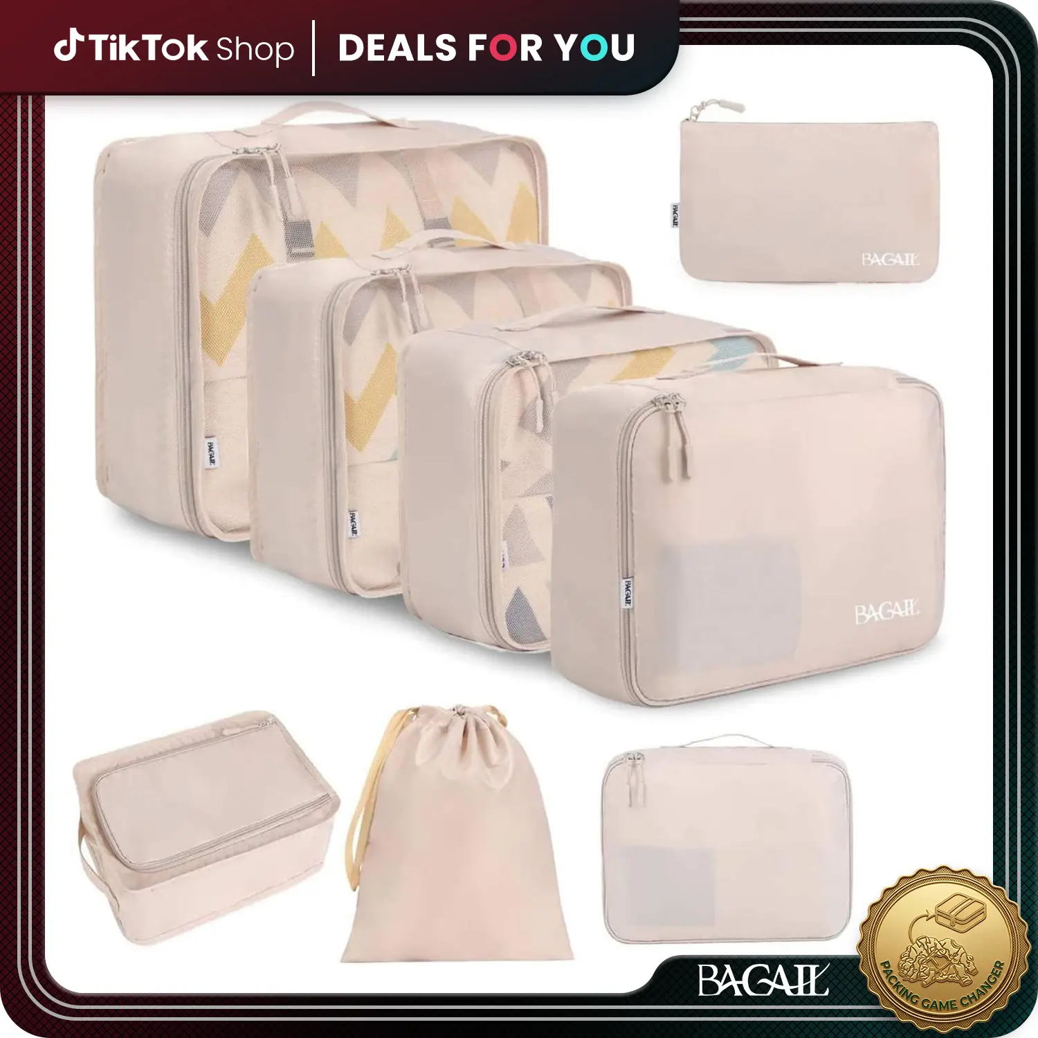 BAGAIL 8-Set Waterproof Pack Compression Packing Cubes with Zip & Mesh, Travel Must Haves Bag Insert Travel Organizers for Suitcase Space-Saving Clothes & Toiletries, Mini Travel Organizers