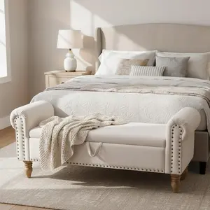 Bench for Bedroom End of Bed Storage Bench, Upholstered Linen Storage Ottoman with Rolled Arms for Bedroom, Living Room, Entryway, Beige