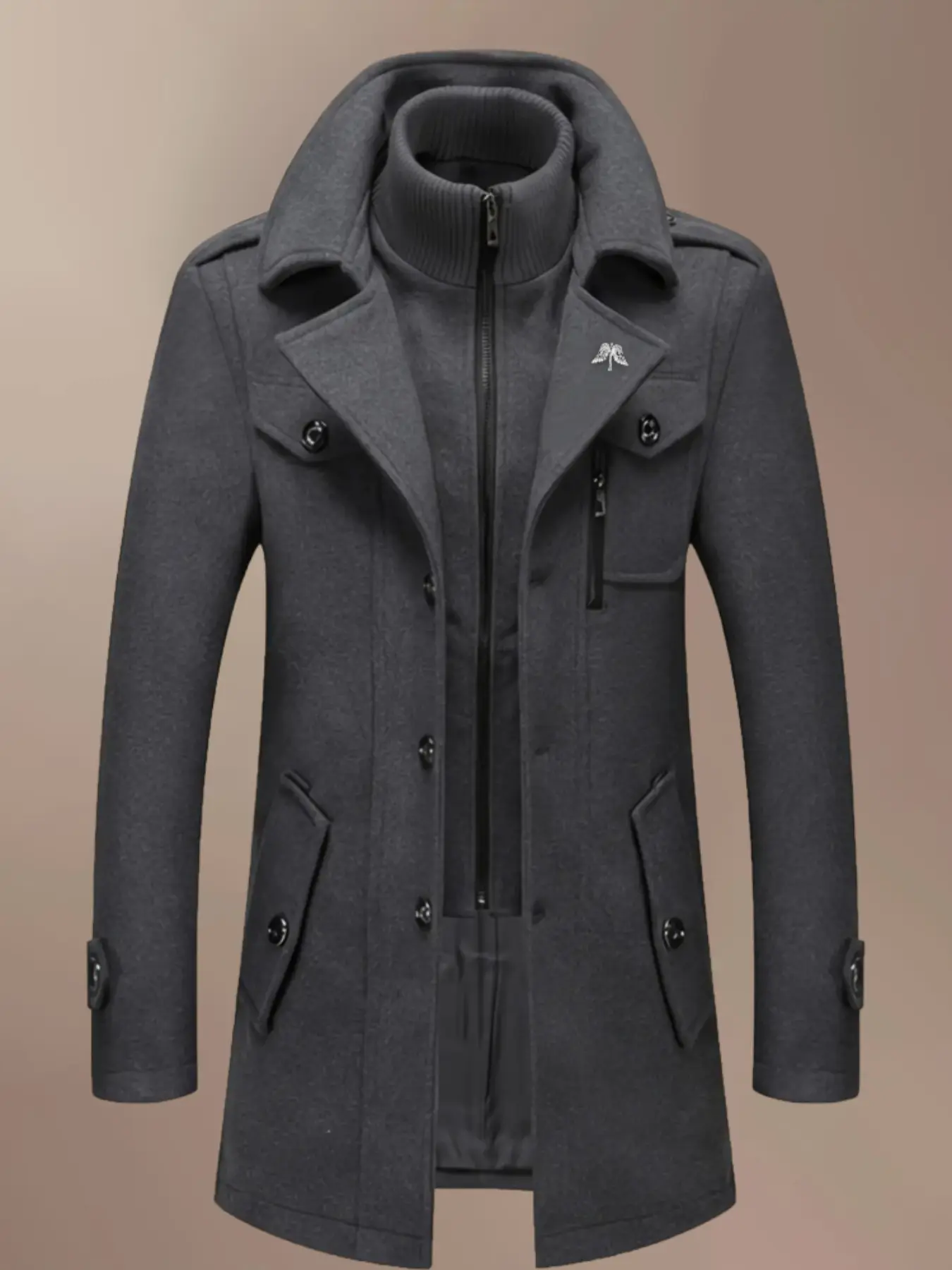 Men's Fashion Double Collar Mixed Fiber Long Coat, Collared Coats, Casual Trendy Coat, Zipper and Pocket Design, Warm and Durable, Suitable for Business or Casual Autumn/Winter