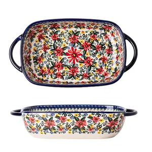 Elegant Ceramic Oval Dish with Handle, Hand-Painted Polish Floral Design, Microwave & Oven Safe, Perfect for Festive Roasts & Dishes