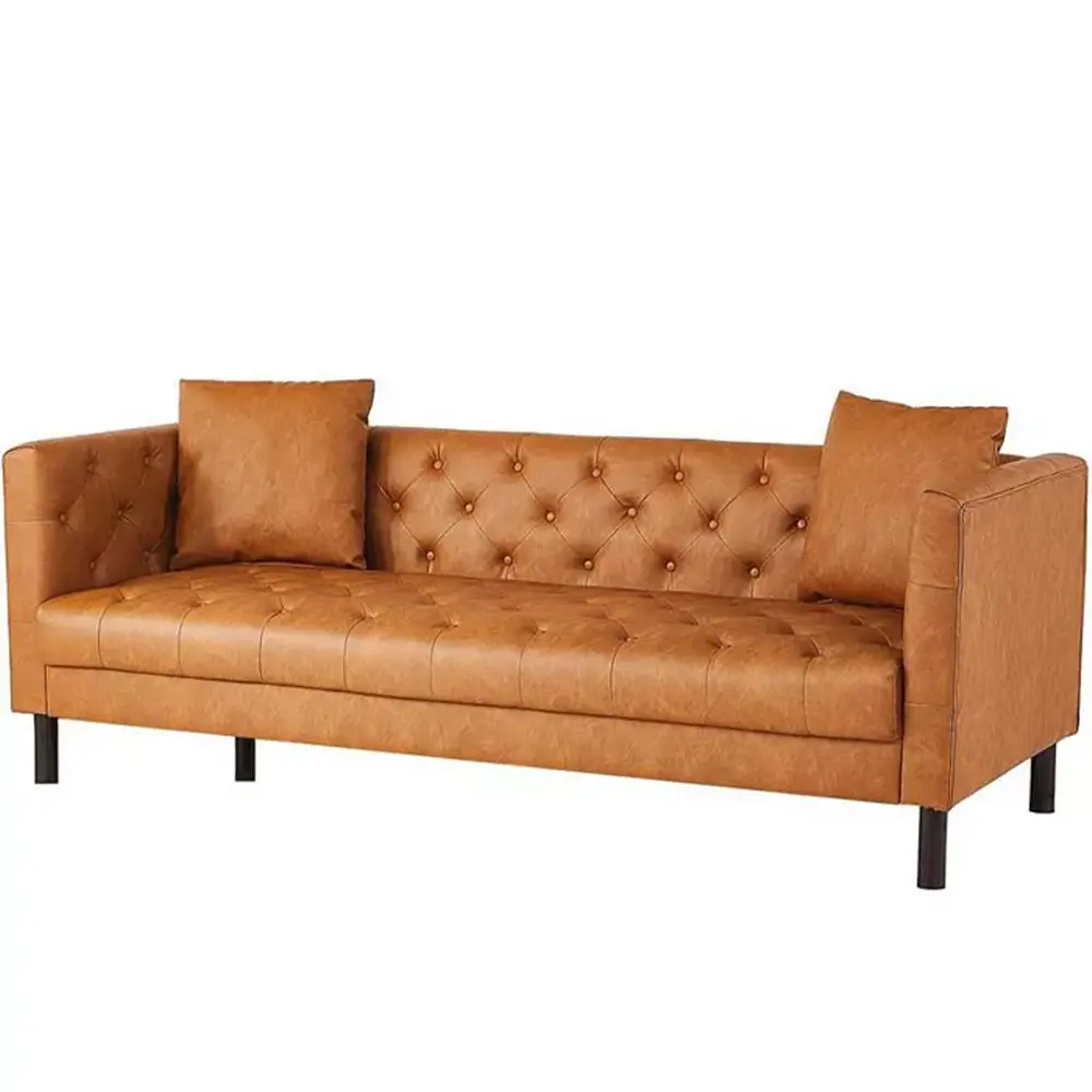 【GARVEE】Modern Leather Chesterfield Sofa, 81" 3-Seater Couch with Deep Seats, Button Tufted Design, Includes 2 Pillows, Brown Sleeper Sofa Ideal for Living Room, Apartment, or Office
