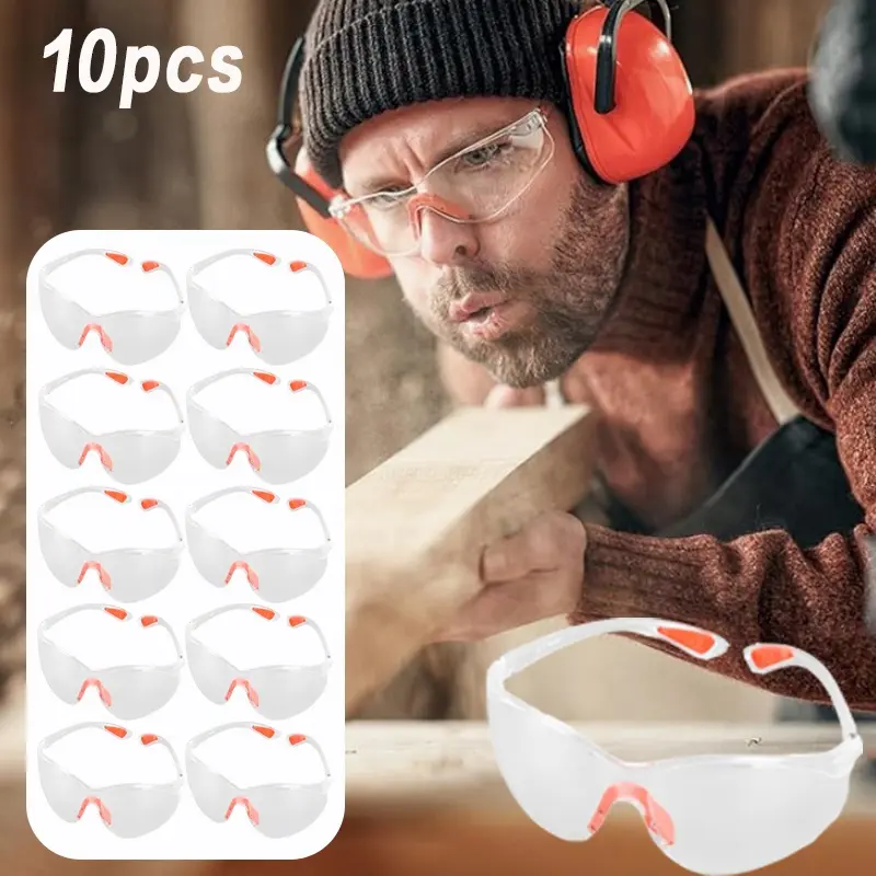 Pack of 10 Work Safety Glasses, Transparent with Glasses Cloth and Glasses Bag, Durable, Scratch Resistant
