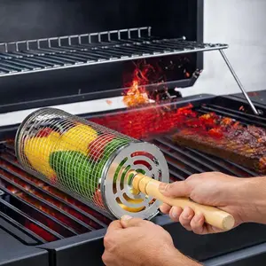 Rolling Grill Basket, Removable Wooden Handle,Stainless Steel, Nesting BBQ Tools, Smoker Grilling Accessories for Vegetable, Outdoor Cooking Camping, Birthday Gifts for Men Dad Husband