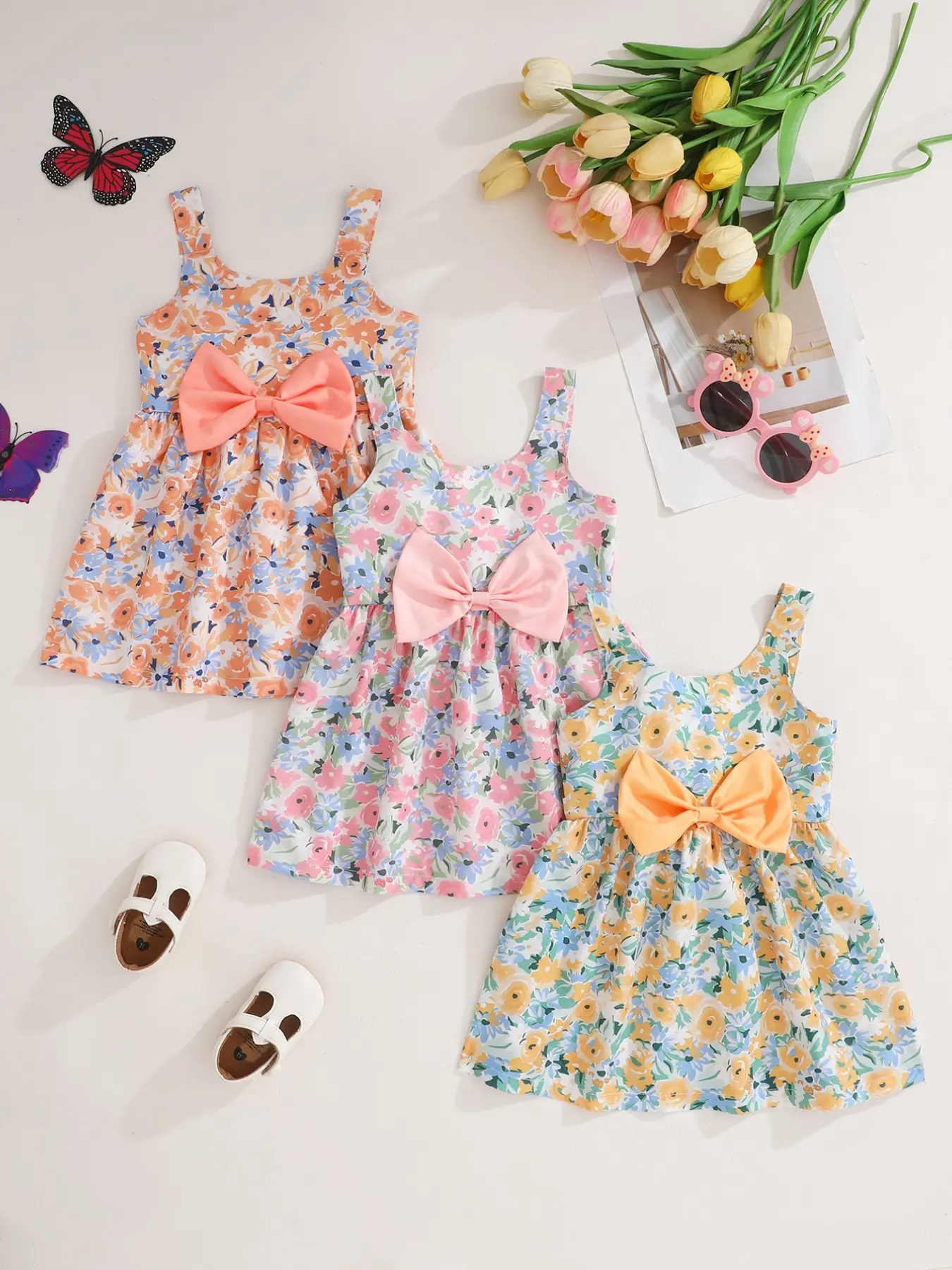 Three-Piece Girls' Floral Party Dress, Print Dress, Casual Animal Pattern, Slim-Fitting Summer, Tiktok Fashion, Kids' Clothing, Toddler Summer Dresses