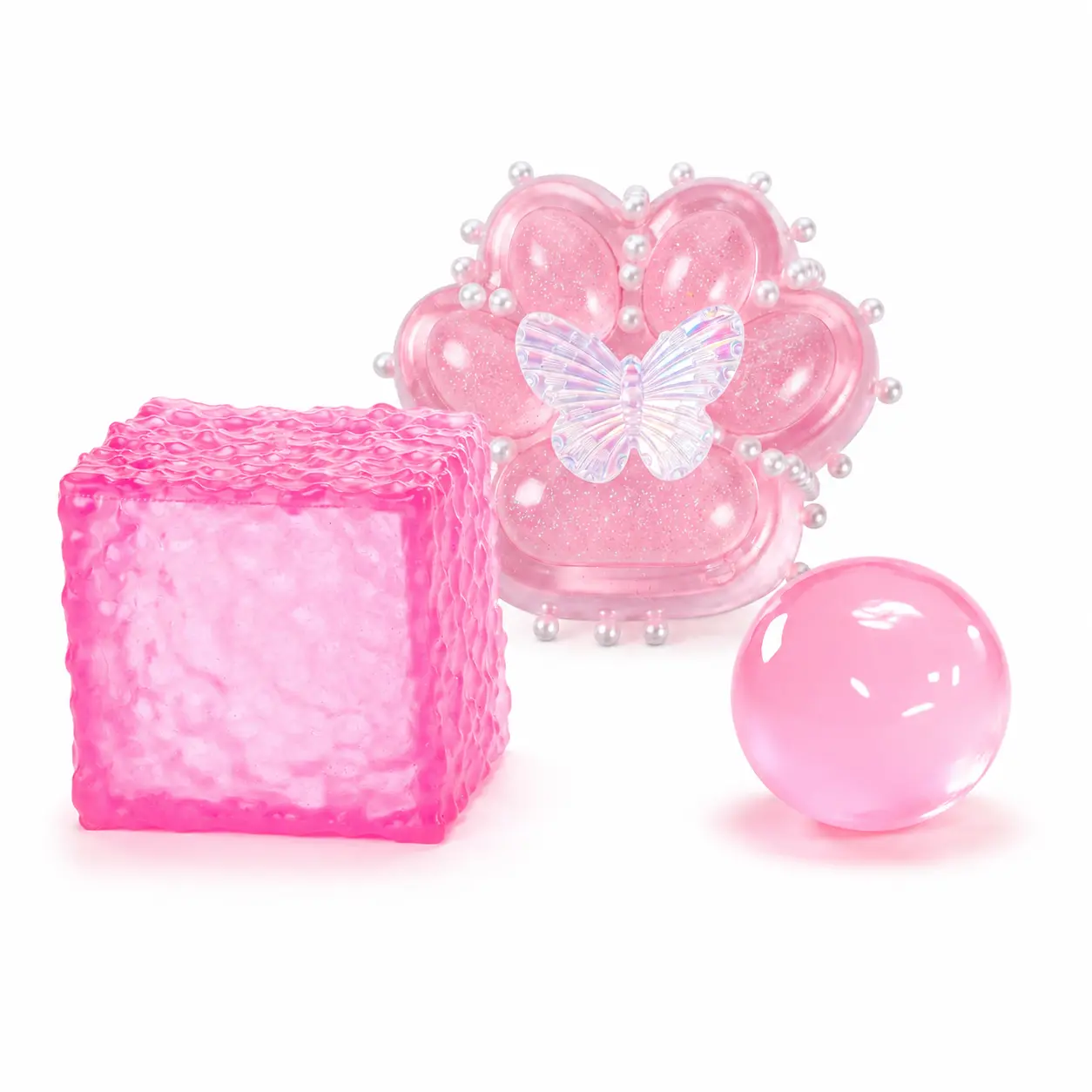 3PCS Pink Squishy Fidget Toy Set with Gel Squeeze Ball, Textured Squishy Cube & Butterfly Pearl Toy, Translucent Pink Desk Fidget Toys for Party Favors, Gift Bags & Cute Gifts