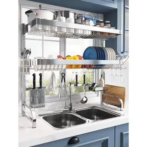 Over Sink Dish Drying Rack, Large 3 Tier 304 Stainless Steel Dish Drainer Organizer for Kitchen Shelf, Expandable Above Sink Storage Organization (Black - 25.5"-35.5")