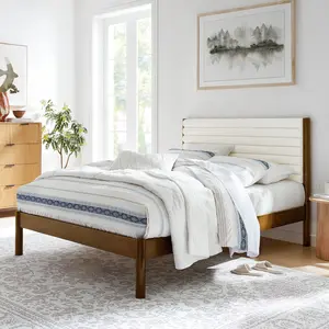Olea Channel Tufted Boucle Solid Wood Queen Platform Bed in Feather Walnut