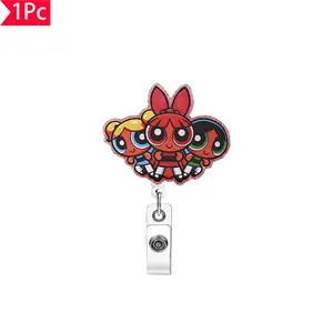 Obsessed Powerpuff Girls Trio Cartoon Classic Style, Glitter Finish Badge Reel, Retro Fun Cute Ip ID Clip, Perfect for Powerpuff Fans, Viral Tiktok Pick