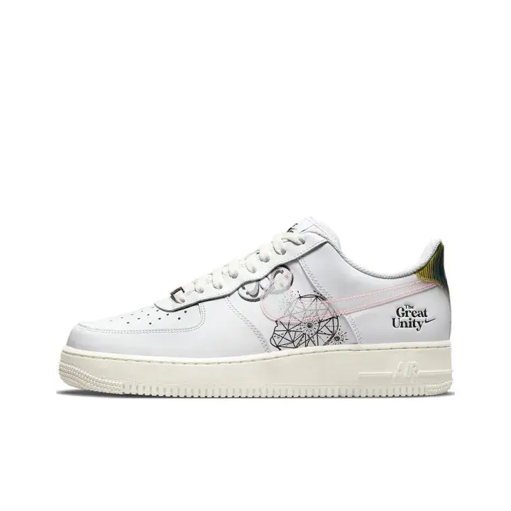 White black geometric print Air Force 1 low casual sneakers, artistic unisex hypebeast street kicks, smooth leather upper, black line art side graphic, printed heel text, clean white midsole, textured rubber outsole, layered stitched detailing