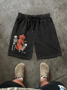 Men's Summer Halloween Pumpkin Skull Print Shorts, Casual Streetwear Shorts, Casual Fitted Cotton Short Pants with Drawstring Waistband, Perfect Gift for Boyfriend