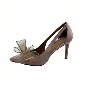 Womens Pink Satin High Heel Pumps with Mesh Rhinestone Bow Pointed Toe Stiletto Formal Dress Shoes Elegant Wedding Bridal Heels for Prom Cocktail Party Evening Bridesmaid Comfortable Heels