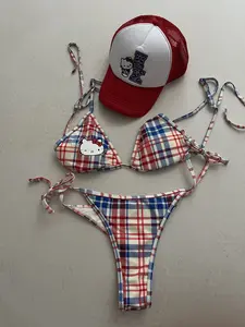 Cute Cartoon Cat Graphic Bikini Set - Pink Plaid Kawaii 2-Piece Bathing Suit - Y2K Coquette Aesthetic Swimwear - Tropical Hibiscus Print Summer Beachwear