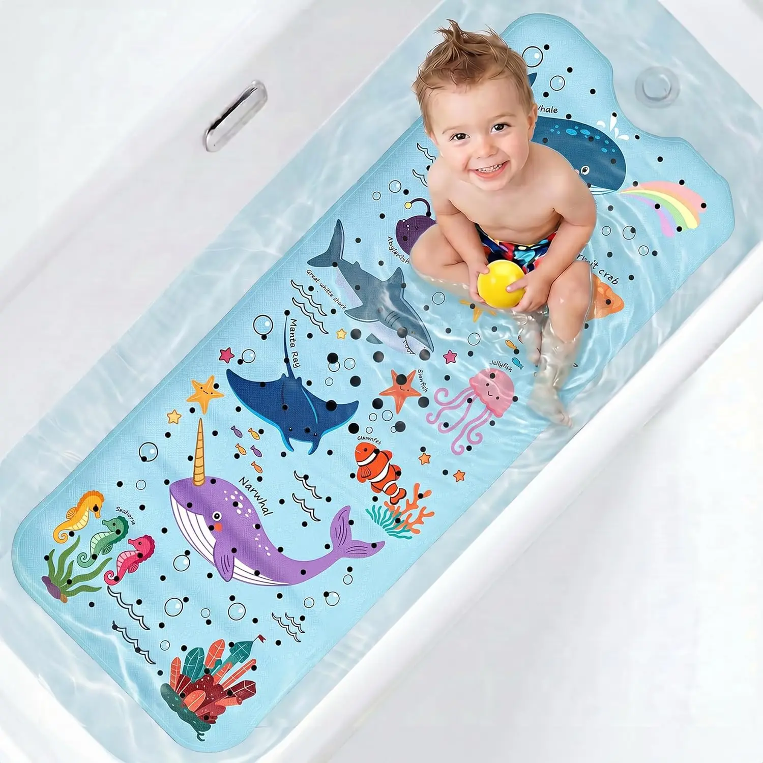 UNEEDE Baby Bathtub Mat Non Slip with 200 Suction Cups & 176 Drain Holes, 40''x16'' Quick Dry Bath Mat, Machine Washable Shower Mat for Toddlers & Kids, Ocean Pattern