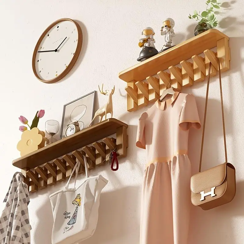 Wooden Wall-Mounted Coat Rack with Floating Shelf - Minimalist Modern Retractable Heavy-Duty Hanging Hook, No-Drill Installation, Multi-Size Entryway/Studio Apartments Home Decor Organizer (US)