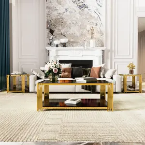 3 Piece Coffee Table and End Tables Set, Rectangle Living Room Table Set of 3 Modern Luxury Coffee Table with Lower Shelf and Asymmetrical Metal Legs, Black+Gold