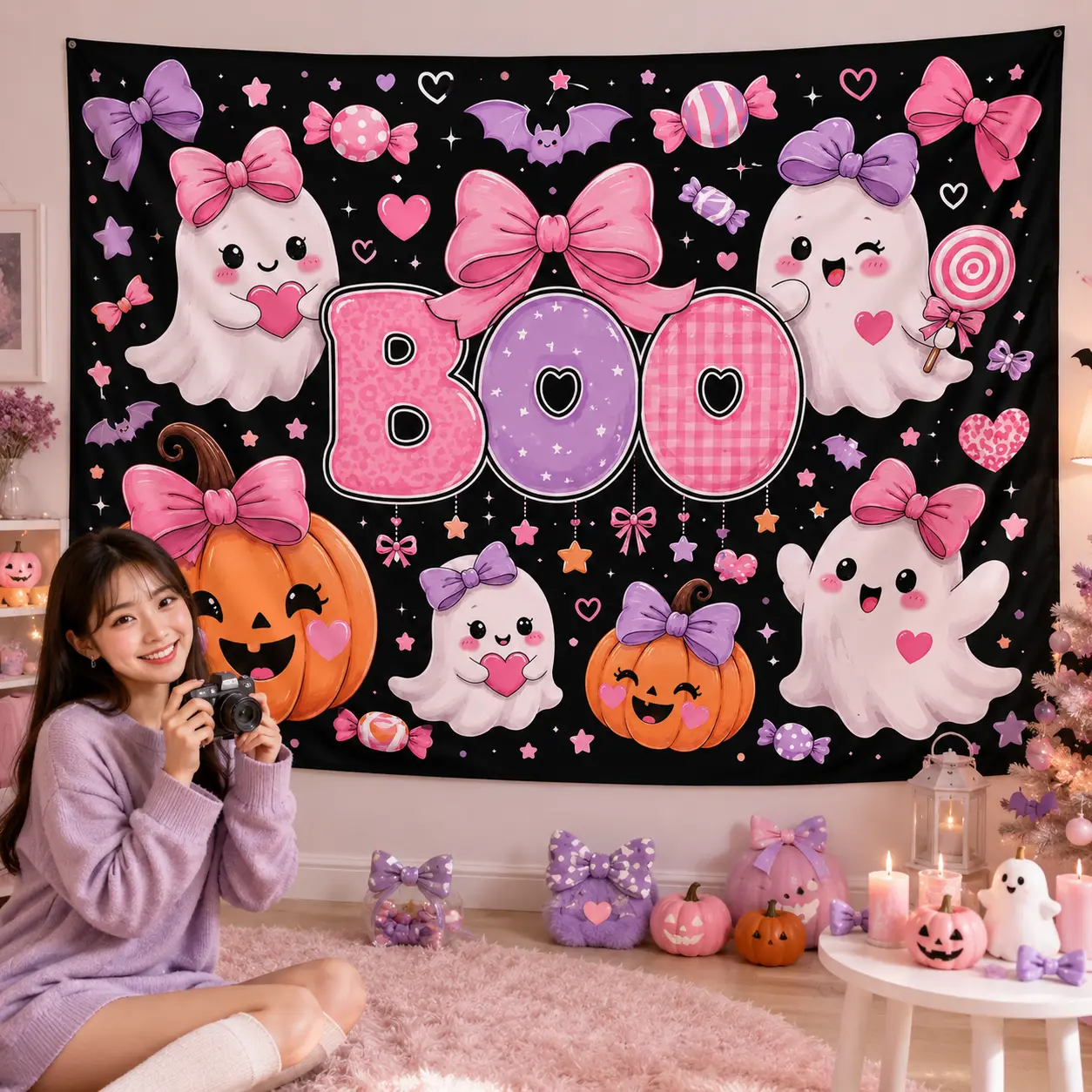 Halloween Boo Tapestry Backdrop - Kawaii Pink Ghost Cartoon Character Artwork with Bows & Hearts, Hangable Artificial Pumpkin Festive Banner, Indoor Home Decoration for Bedroom, Living Room, Holiday, Artificial Pumpkin Festive Backdrops & Banners