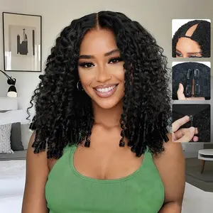 Tuneful V Part Wig Human Hair Burmese Curly Glueless Wigs Human Hair Clip In Upgrade U Part Human Hair Wig with Drawstring 180% Density V Shape Clip In Half Wig For Women  Natural Black