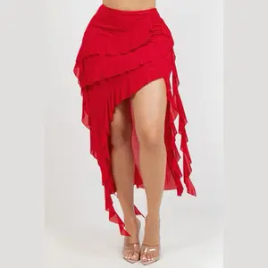Women's Afrodita Mesh Ruffle Trim Skirt - Lady's Above-Knee Bottom with Asymmetrical High-Low Hem, Stylish Fashion Wear, Skirts