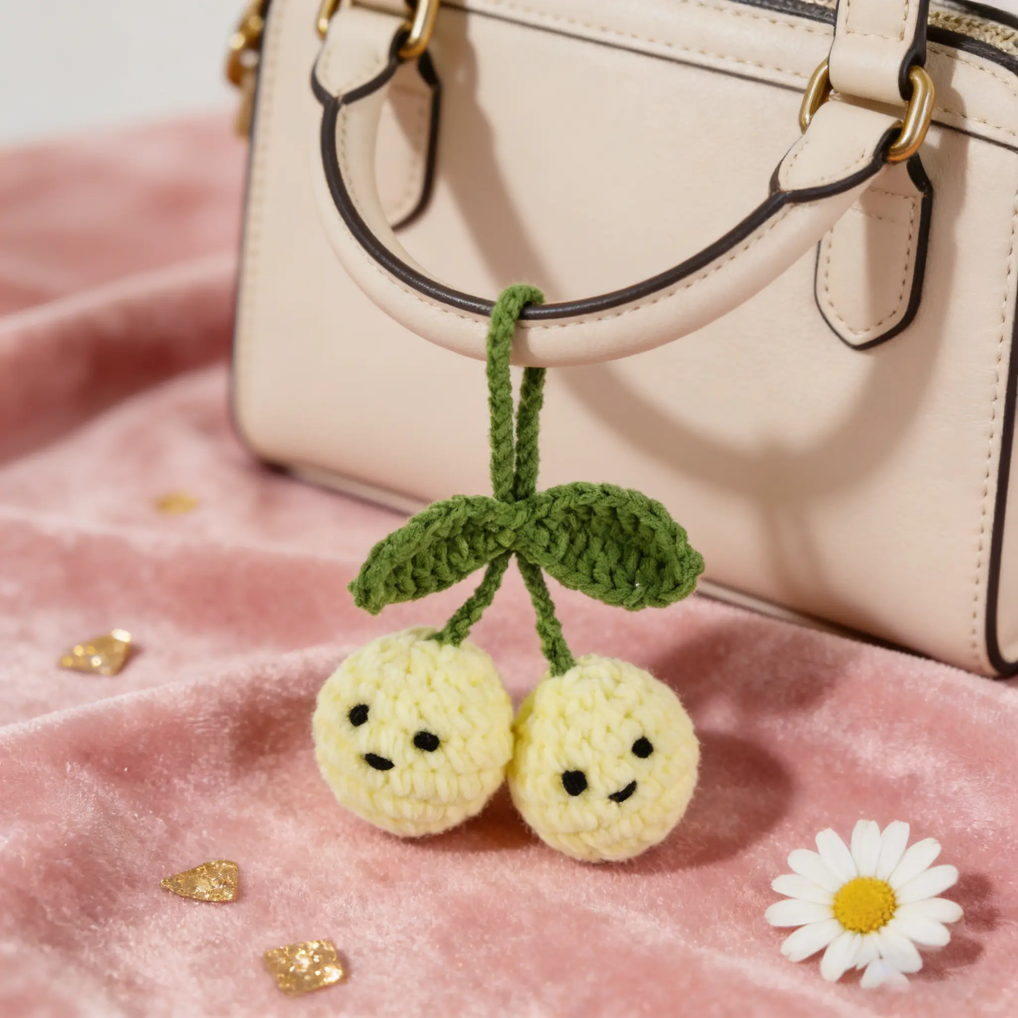 Handmade Crochet Green Cherry Keychain - Cute Y2K Bag Charm & Keyring Gift for Her