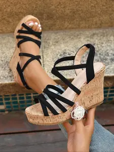 Women's Fashionable Classy Elegant Plain Color High Heel Slingback Wedge Sandals, Casual Crisscross Strap Cork Platform Sandals, Comfortable and Fashionable for Summer Outfits, Girl