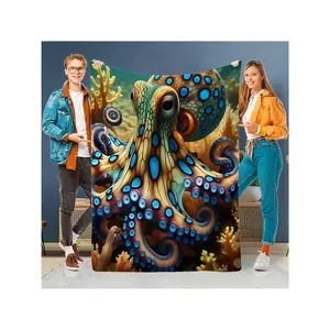 Cozy Octopus Print Flannel Throw Blanket - Soft, Warm & Durable, All-Season Versatile Use Couch, Bed, Office, And Travel - Washable, Golden-Tone Animal Design, Idea