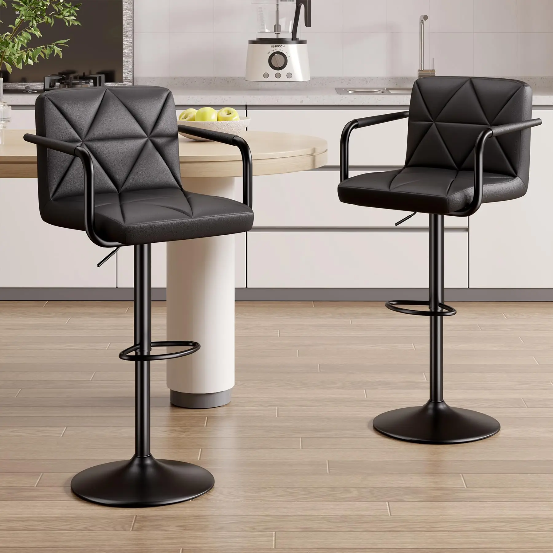 Set of 2 Black PU Leather Swivel Barstools - Indoor Counter Height Furniture with Back & Arms, Adjustable Height 25.5-34.5 IN, 360-Degree Rotation, Chair