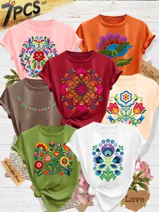 7Pcs Women's Crew Neck T-Shirt, Ethnic Embroidery Floral Series Print, Multiple Colors Available, Machine Washable, Spring & Summer Tops, Soft Skin-Friendly Fabric, Daily Versatile, Fashion Design