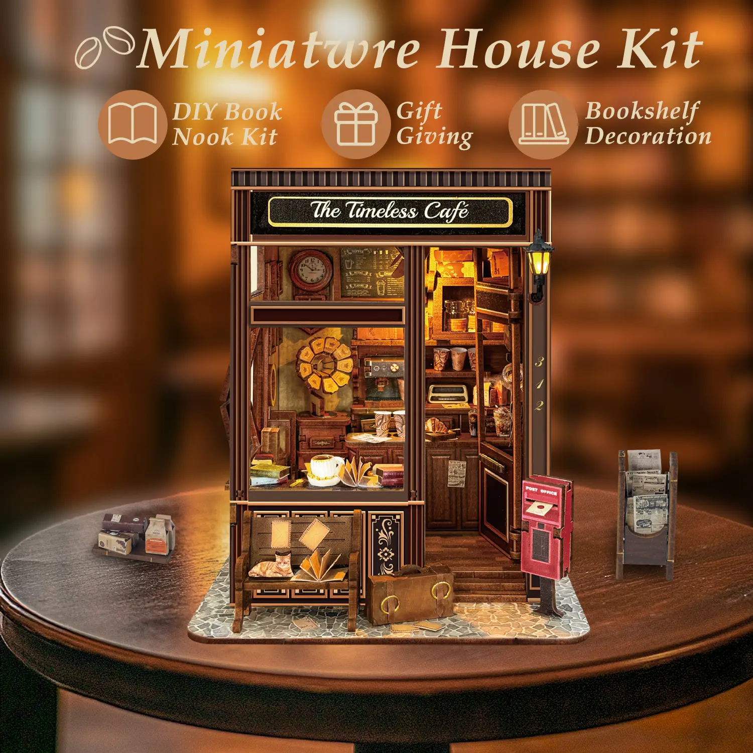 Elegant Timeless Cafe Dollhouse Dream 3D Puzzle Book Nook Diorama Kit, Vintage Miniature Dollhouse with LED Lighting, DIY Interlocking Puzzle for Adults, House Decoration & Book Lover Gifts, 3D Puzzle Book Nook Diorama Kits