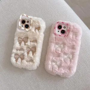 Cute Bow Pattern Plush Phone Case, 1 Count Fashionable Phone Protective Cover, Phone Accessories Compatible with iPhone 16 15 14 13 12 11 Pro Max