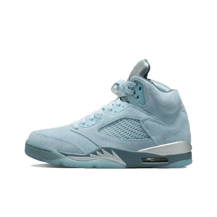 High top basketball shoes icy light blue suede silver overlays dark gray midsole transparent outsole vented mesh panel padded ankle support unisex soft texture sneakers popular everyday fashion fit