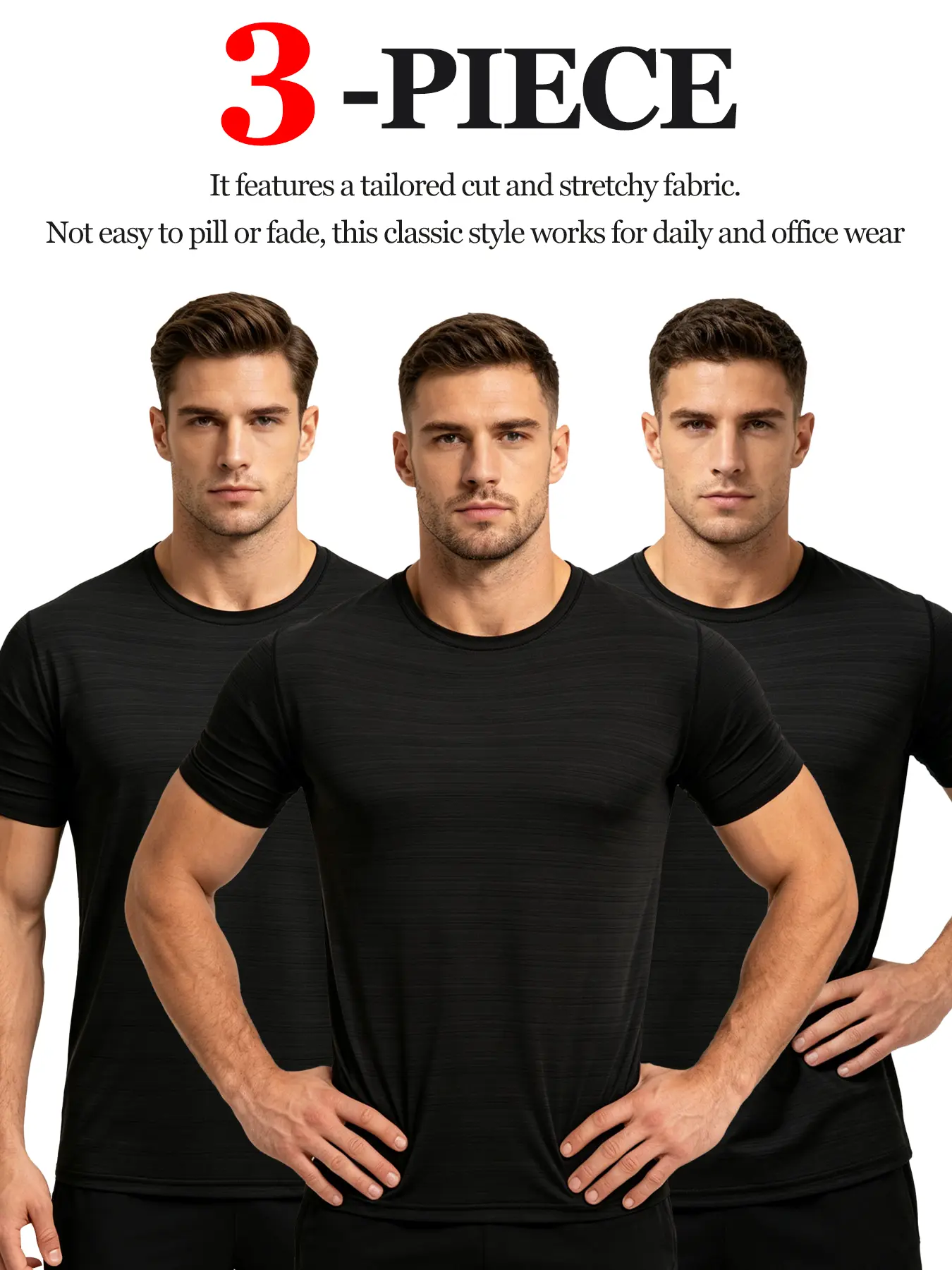 3 Pack Men's Stretch Crew Neck Short Sleeve Tees, Soft Anti-Pilling Fade Resistant Basic T-Shirts, Slim Tailored Fit Casual Tops for Daily Office Workout Summer Wear