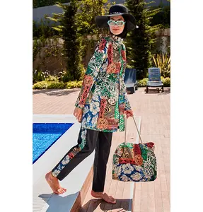 Women's Two Piece Full Coverage Modest Swimsuit - MR2301 Black/Multicolor