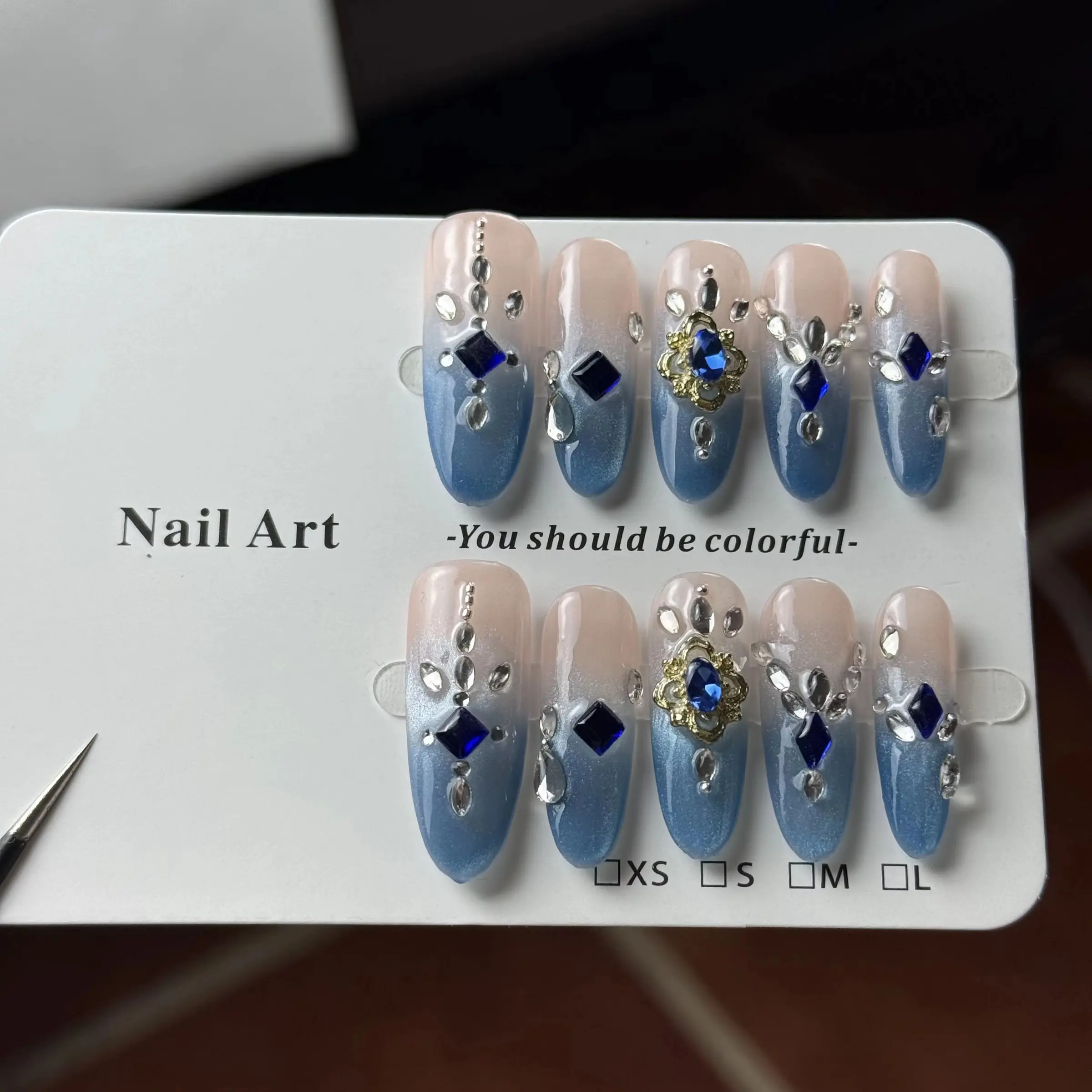 10pcs high-end Light luxury retro court style, sparkling blue diamonds, ice blue cat's eyes handmade fake Nails