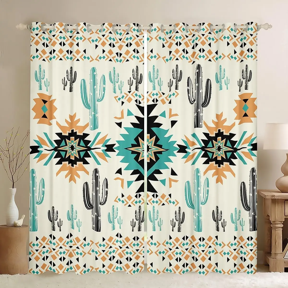 Green Southwestern Aztec Curtains Geometric Window Drapes (2 Panels) Western Cactus Bohemian Boho Tribal Blackout Shades Window Treatment for Room Darkening Curtain
