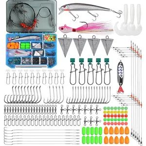 Surf Fishing Tackle Kit, 173 count Saltwater Fishing Gear with Pyramid Sinkers Fish Finder Rigs High-Low Rigs Pompano Rigs Wire Leaders Hooks Bucktail Jig Lures for Striper Flounder Catfish