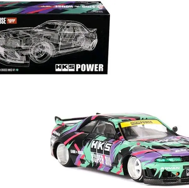 Nissan Skyline GT-R (R33) "HKS V1" RHD (Right Hand Drive) Black with Graphics (Designed by Jun Imai) "Kaido House" Special 1/64 Diecast Model Car by Mini GT