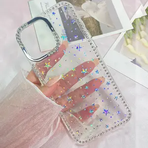 Fashion Cute Glitter IMD Front Bling Diamond Laser Stars Clear Phone Case for iPhone 16 15 14 13 12 Pro Max 16 Plus Shockproof Hard Back Cover for Girls Women Gift