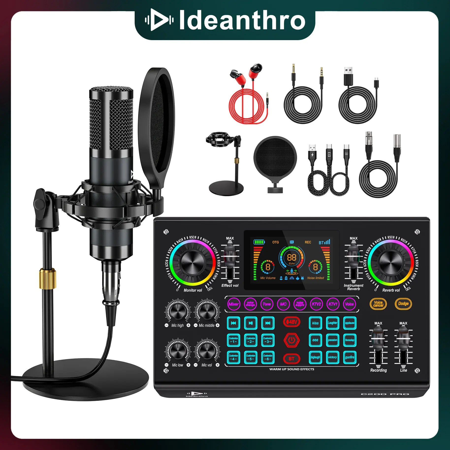 【Live Stream Exclusive】Ideanthro C200 PRO-P15 Digital Sound Card Mixer - Wired Audio Amplifier with Dual-Core DSP, 2 Microphone & Headphone Outputs, Adjustable Tone, Multiple Voice-Changing Modes for Recording & Mainstream Live Streaming Platforms