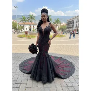 Krista Black and Dark Red Wedding Dress, Gothic Wedding Dress, Trumpet Black Dress, Black Lace Wedding Dress, Illusion Back Wedding Dress